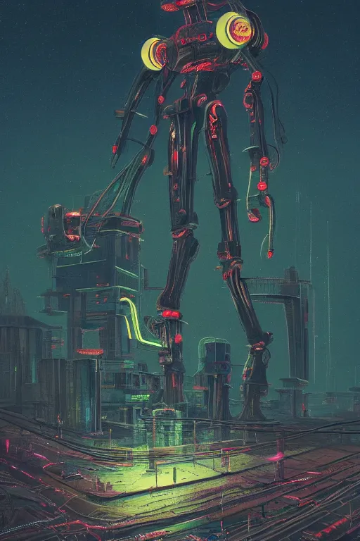 Prompt: Giant futuristic robot | rural landscape, illustrated by Simon Stålenhag and H.R. Giger, 35mm lens, beautiful macro close-up imagery, rule of third, vibrantly lush neon lighting, beautiful volumetric-lighting-style atmosphere, a futuristic atmosphere, intricate, ultra detailed, photorealistic imagery, trending on artstation, 4k, 8k