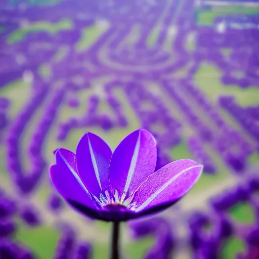 Image similar to closeup photo of 1 lone purple petal flying above moscow, city park, aerial view, shallow depth of field, cinematic, 8 0 mm, f 1. 8