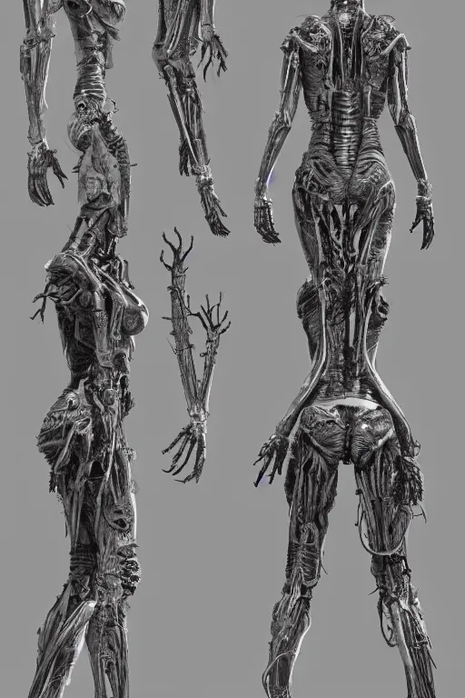 Image similar to cyborg zombie queen with gunmetal grey skin, medical anatomy, very symmetrical face, highly detailed, mecha, three - perspective / three - view reference sheet ( front / back / side ), in the style of james gurney, dan ouellette, hr giger, sil from species, dren from splice, biomechanical, artstation, unreal engine