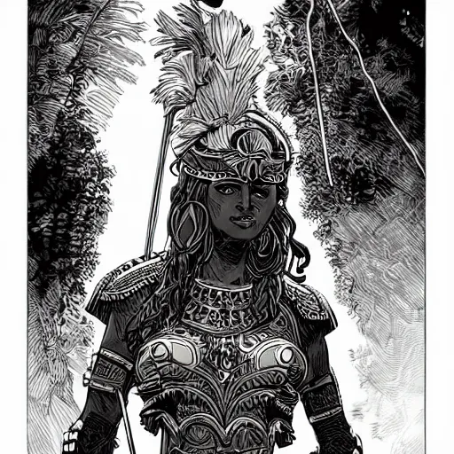 Prompt: greek amazon warrior, a tall beautiful woman with brown skin and long curly dark hair, dressed in hellenistic body armour, intricate, elegant, highly detailed, smooth, sharp focus, detailed face, high contrast, graphic novel, art by laurie greasley,