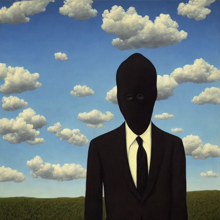 Prompt: portrait of a faceless shadow - head man with messy hair in a suit, clouds in the background, by rene magritte, detailed painting, distance, middle centered, hd, hq, high resolution, high detail, 4 k, 8 k