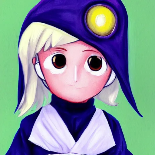 Prompt: little boy wearing nun outfit, blonde hair, blue eyes. purple and black color palate, detailed soft painting, made in abyss art style, anatomically correct