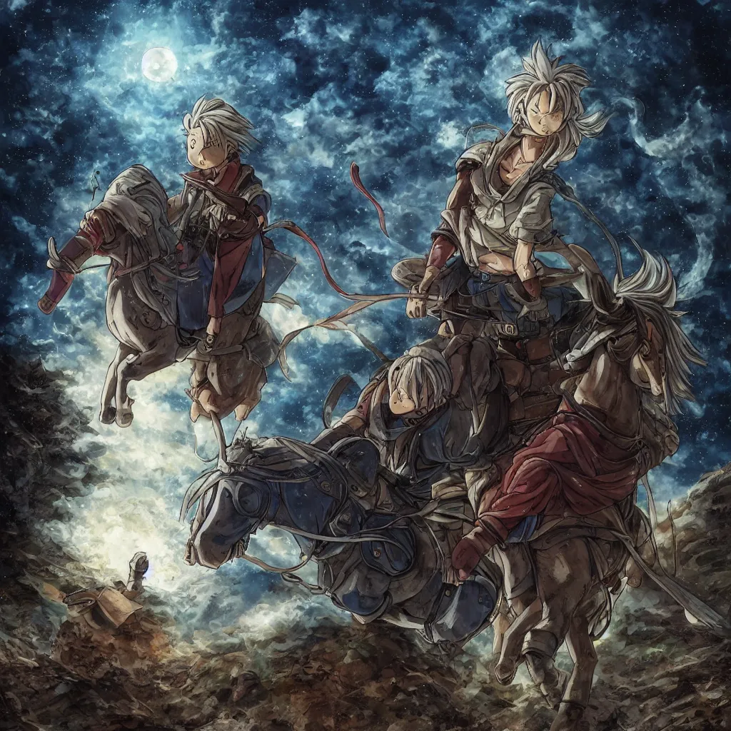 Image similar to akira toriyama, in the styles of, digital art,, high resolution, anime,, man with hoodie ridding a horse at night moody forrest