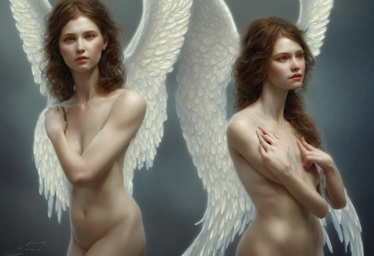 Prompt: detailed portrait of an angel spread wings, diffuse lighting, scifi fantasy, intricate, highly detailed, lifelike, photorealistic, digital painting, artstation, illustration, concept art, smooth, sharp focus, art by john collier and albert aublet and krenz cushart