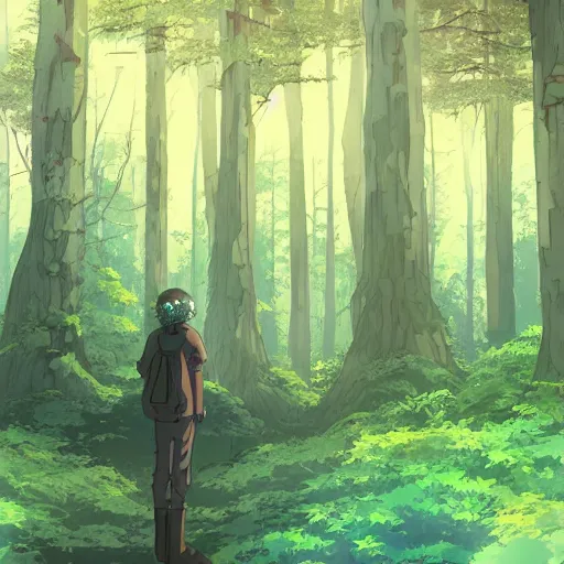 Image similar to stranger in futuristic spiritual mystical post apocalyptic forest, studio ghibli, beautiful, crisp