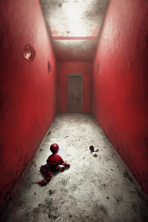 Image similar to room with 3 red windows, child with teeth all over his body except in the mouth, dystopian environment, by michal karcz in the style of chucky | freddy krueger style