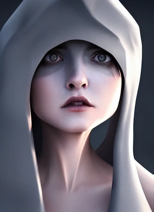 Image similar to long face, sharp features, girl, portrait, devil smile, grey eyes, black hair, dark cloak, dnd, cinematic light, pastel colors, volumetric shading, high radiosity dull skin, global illumination, radiant light, soft light, soft color dodge, subsurface scattering