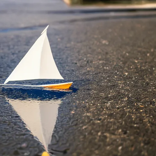 Image similar to long shot, of paper sailboat floating in a puddle near the sewer drain, 4k, HD Photography