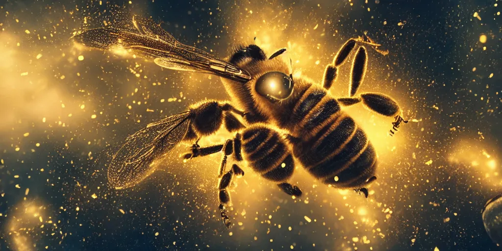 Prompt: God as a bee , realistic 4k octane beautifully detailed render, 4k post-processing, highly detailed, intricate complexity, epic composition, magical atmosphere, cinematic, hyper realistic, lighting, masterpiece, ultra hd