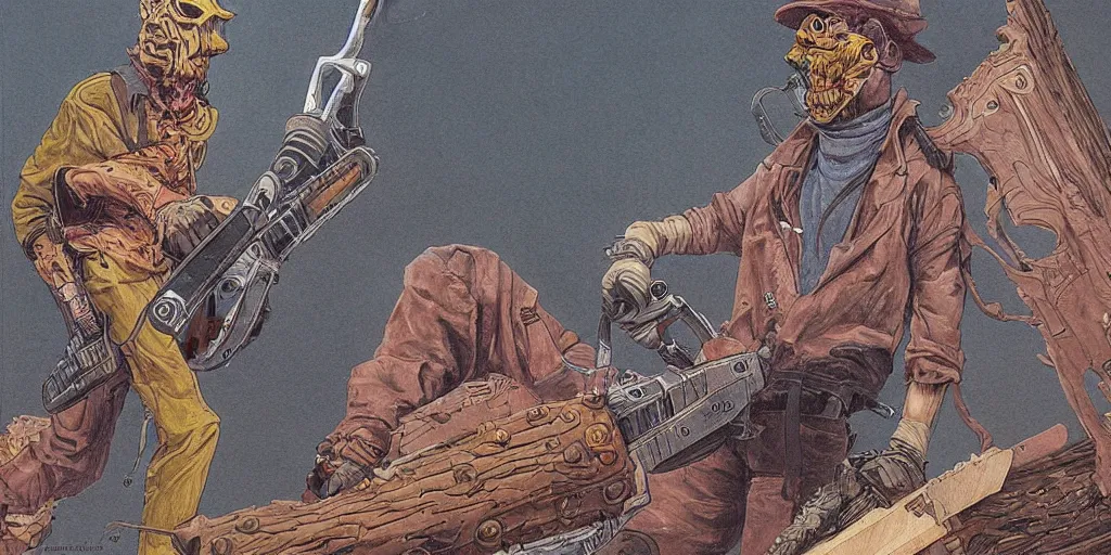 Prompt: Highly detailed painting of a chainsaw man by moebius