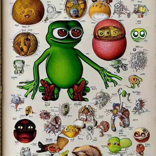 Image similar to pepe the frog ( pokemon ) anatomical diagram, in codex seraphinianus