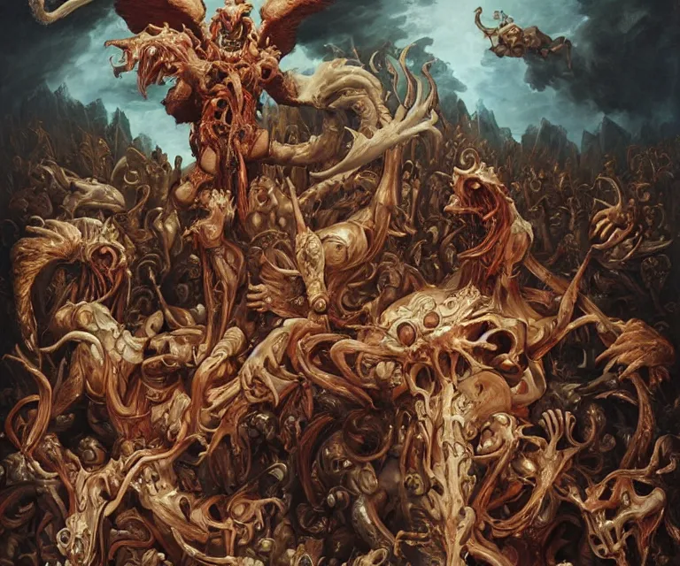 Prompt: elegant renaissance painting of rooster final boss bodybuilder vecna battle, art by alex ross and peter mohrbacher, epic biblical depiction, flesh and bones, fangs, teths and tentacles, corpses and shadows!