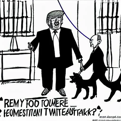 Image similar to Trump being taken for a walk on a leash held by Putin, political satire cartoon