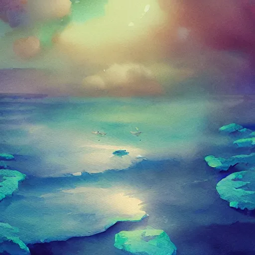 Prompt: digital matte fantasy watercolor seascape, artstation, behance, 8 k by susan heidi