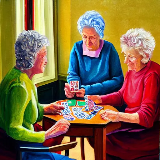 Prompt: 2 old ladies and a woman playing cards in a commieblock apartment, still life painting, oil painting