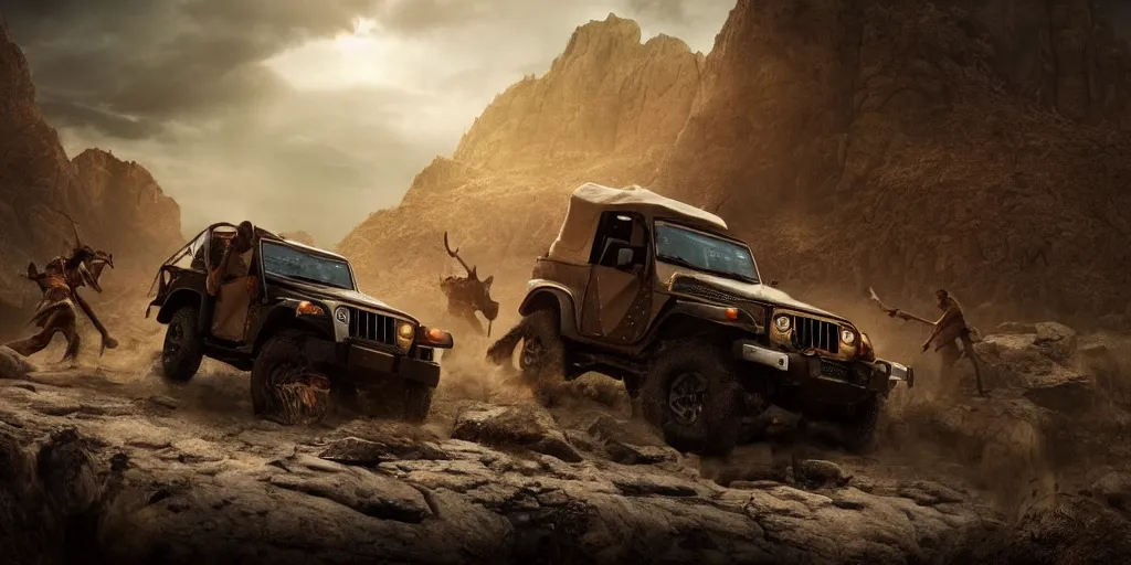 Prompt: Mahindra thar, tribe members attacking, action scene, an epic fantasy, dramatic lighting, cinematic, establishing shot, extremely high detail, photorealistic, cinematic lighting, artstation, octane render, by christopher nolan, shadow of the tomb rider
