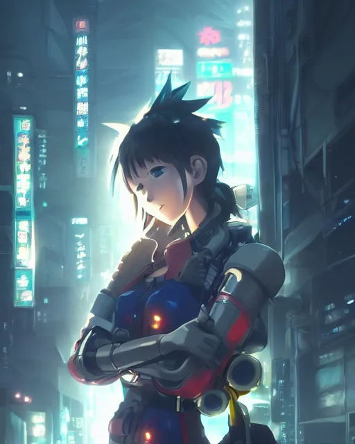 Image similar to portrait of anime girl in mechanic armor in night tokyo by makoto sinkai, my hero academia,cyberpunk, greg rutkowski, perfect face, fine details