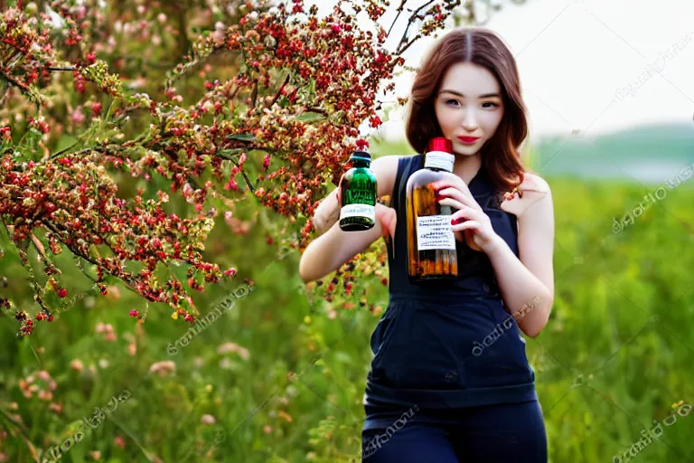 Image similar to beautiful girl holding a bottle of hawthorn tincture in her hands, professional shooting, model shooting, high quality, professional light,