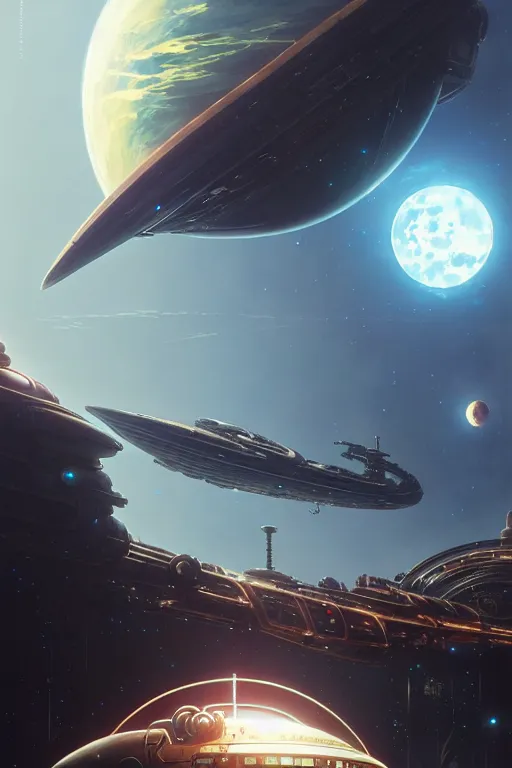 Image similar to steampunk spaceship infront of a planet, exquisite details, denoised, mid view, by karl kopinski, artsation, greg rutkowski, makoto shinkai, takashi takeuchi, studio ghibli