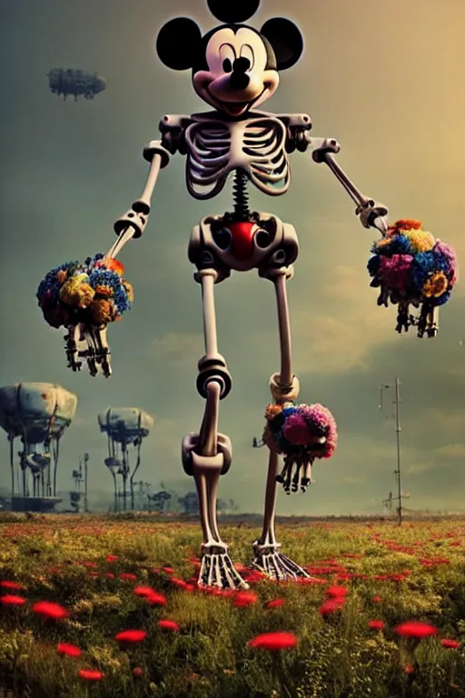 Image similar to a skeletal, mickey mouse made out of flowers and bones, walking with a robot, in the cyberpunk countryside by beeple, nychos and arcimboldo, highly detailed octane render