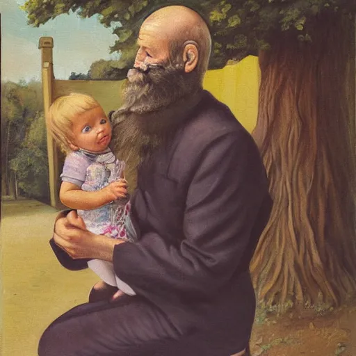 Prompt: painting of beard grandpa taking a photo to a baby girl, laszlo moholy