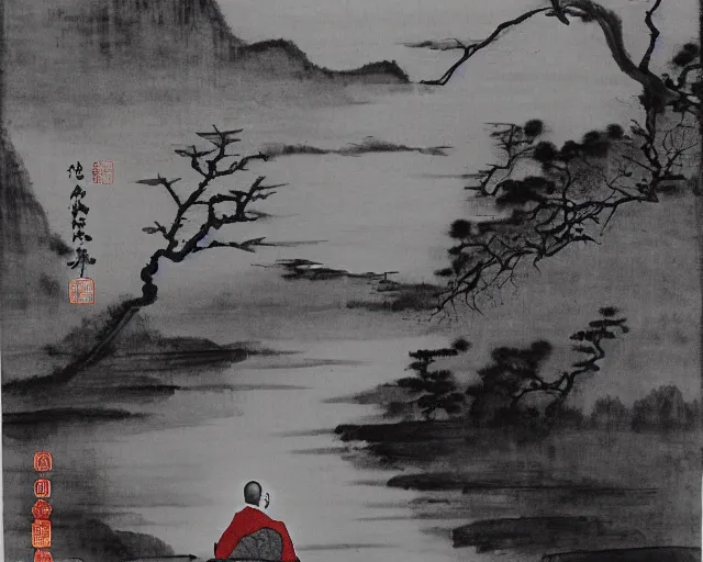 Image similar to zen monk meditating by a river, chinese landscape, traditional chinese ink painting,