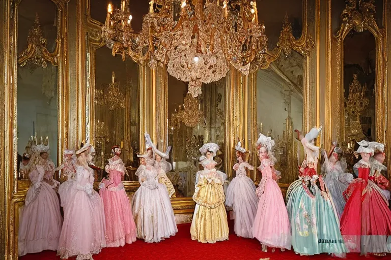 Prompt: in the versailles hall of mirrors, queen marie - antoinette dances in the foreground with her ladies - in - waiting at a masked ball. all high ladies are dressed in colourful, opulent robes embroidered with glittering sequins. the hall of mirrors features ornate crystal chandeliers with glowing candles and golden ornaments. photorealism red velvet curtains on the windows with night lights outside