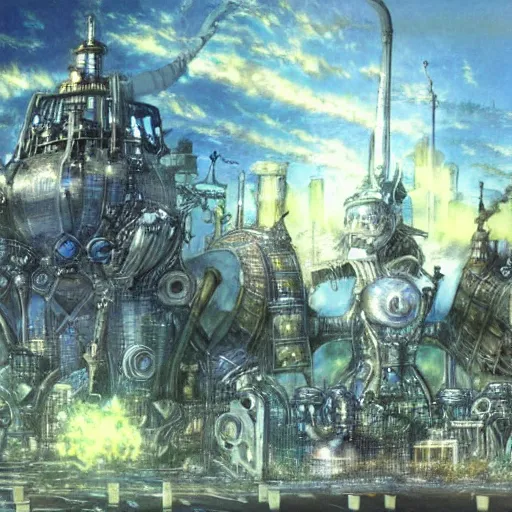 Image similar to conceptual art from from final fantasy 7, the steam punk city midgard by master artist yoshitaka amano