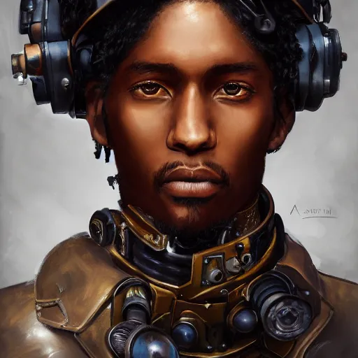 Prompt: portrait of a man by ayami kojima, afroamerican, he is about 2 0 years old, short black hair, annoyed older brother vibes, he is wearing a steampunk tactical gear, highly detailed portrait, digital painting, artstation, concept art, smooth, sharp foccus ilustration, artstation hq