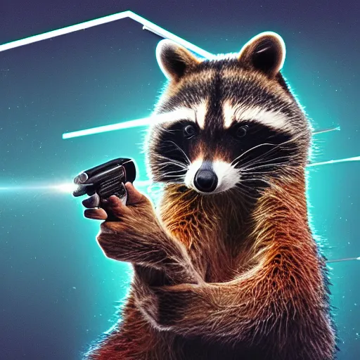 Image similar to racoon holding a laser gun, digital art , centred award winning 4K