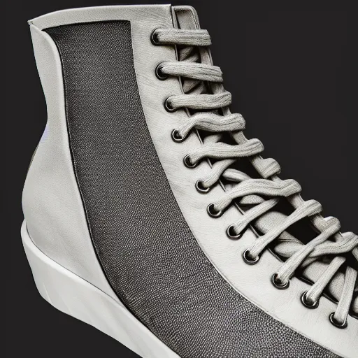 Image similar to hyper - maximalist rick owens ramones high - top sneaker, highly - detailed and intricate, high resolution product photo, trending on artstation, 5 0 mm, f 3. 4