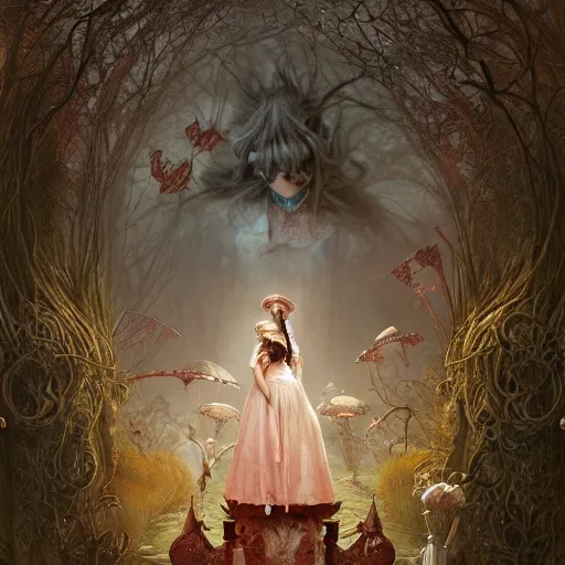 Prompt: Alice in Wonderland at the Dark Carnival, highly detailed, artstation, intricate, smooth, sharp focus, horror, illustration, art by greg rutkowski and orientalism and bouguereau and Zdzislaw Beksinski, good clear quality, lighting, biology, symmetrical artwork, perfect face, 135 mm, cinematic, hyper realism, high detail, octane render, 8k, chrome accents