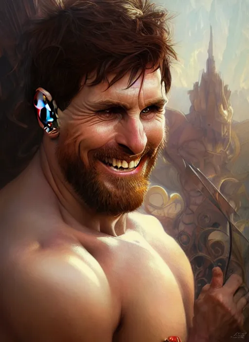 Image similar to portrait of aggressive smiling messi, d & d, muscular! fantasy, intricate, elegant, highly detailed, digital painting, artstation, concept art, smooth, sharp focus, illustration, art by artgerm and greg rutkowski and alphonse mucha