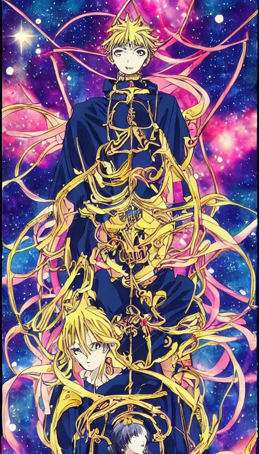 Image similar to anime tarot card based on the card Judgement, drawn by hideaki anno, beautiful lines, cosmic, psychedelic, detailed