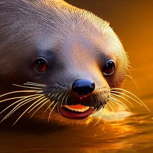 Prompt: a river otter with gold, expression, photo realistic, dramatic cinematic lighting, octane render, 4k, ultra detailed