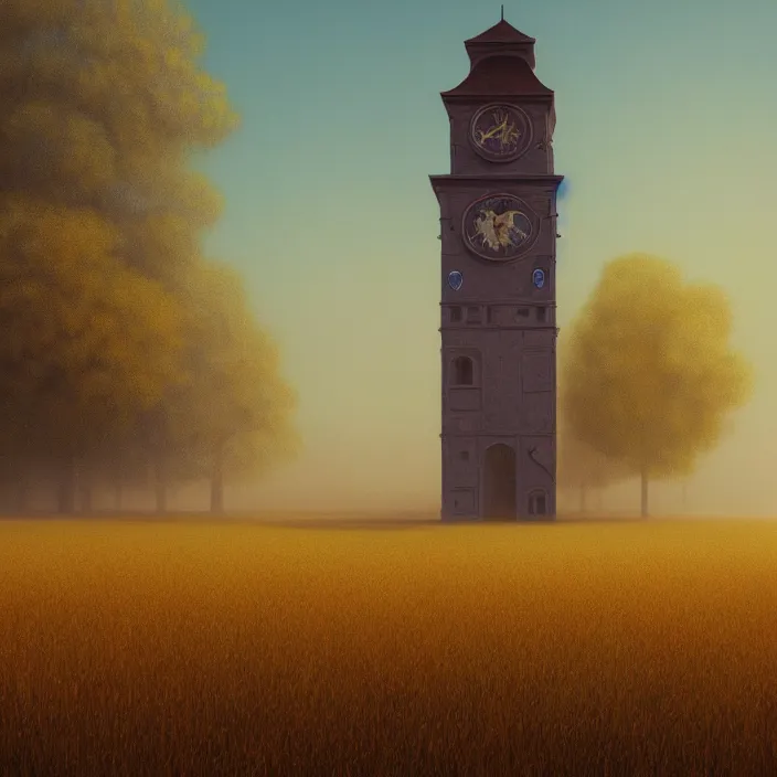 Prompt: a beautiful painting of a clock tower in a field of golden wheat by ivan aivazovsky, zdzisław beksinski, rene magritte, greg rutkowski, james gurney, in style of digital art. hyper detailed. octane render. maya. ray tracing. trending on artstation