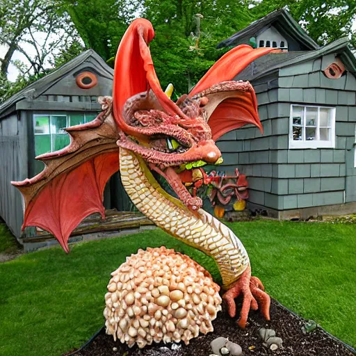 Prompt: Dragon made of clay and seashells on display in the back of the red schoolboys garden shed in the disco center for the mentally disabled in Connecticut.