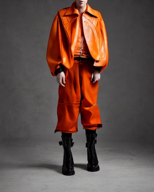 Prompt: a fashion editorial photo of a orange extremely baggy short ancient medieval designer menswear leather jacket with an oversized collar and baggy bootcut trousers designed by alexander mcqueen, 4 k, studio lighting, wide angle lens