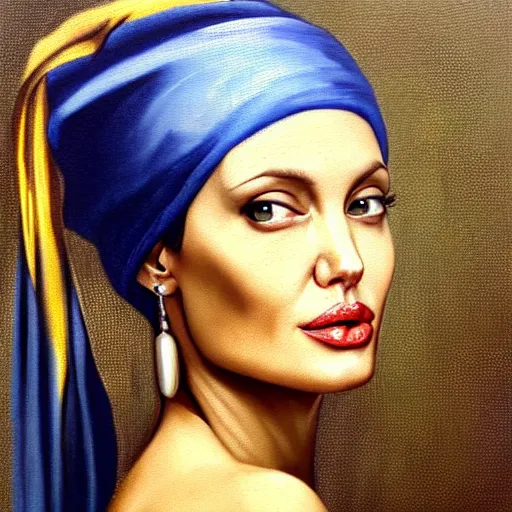 Image similar to a beautiful oil painting of angelina jolie as the girl with a pearl earring