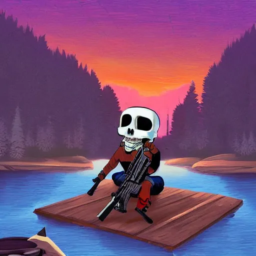 Image similar to digital art, trending on artstation, manny calavera sitting with a rifle, in a cabin, on a lake, sunrise, grim fandango style,