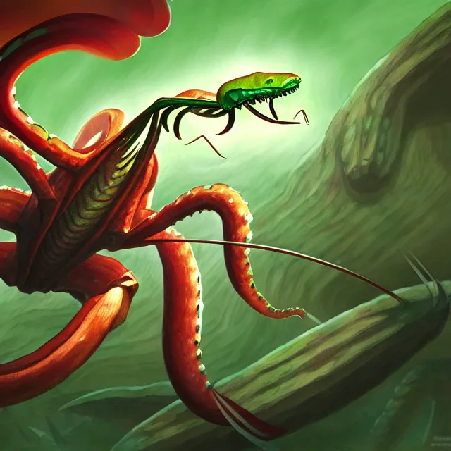 Prompt: a digital illustration of a land - dwelling squid monster with preying mantis claws, magic the gathering card painting, hq scan