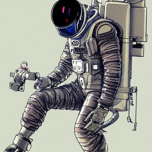 Image similar to cyberpunk japanese man with long limbs and a black spacesuit on a spacewalk, techwear, Industrial Scifi, detailed illustration, character portrait, by Martin Grip and Moebius