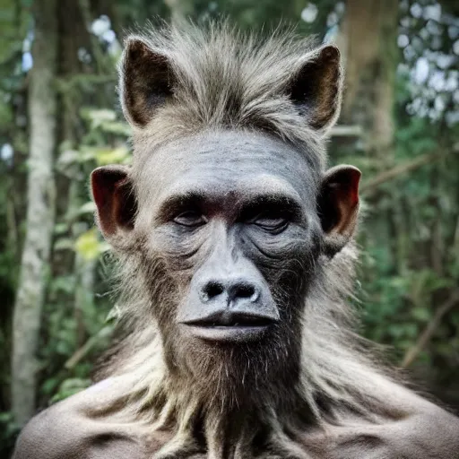 Image similar to “tall Goblin Bigfoot human hyena hybrid with a hyena face and mange holding a spear, jungle background, sickly, realistic, nature photography”