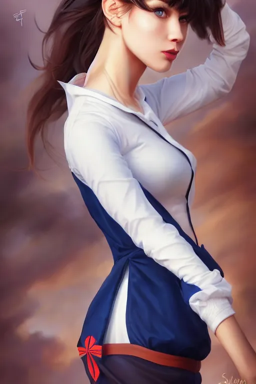 Prompt: full body photo of a gorgeous young woman wearing a sailor style fress in the style of stefan kostic, realistic, sharp focus, 8k high definition, insanely detailed, intricate, elegant, art by stanley lau and artgerm