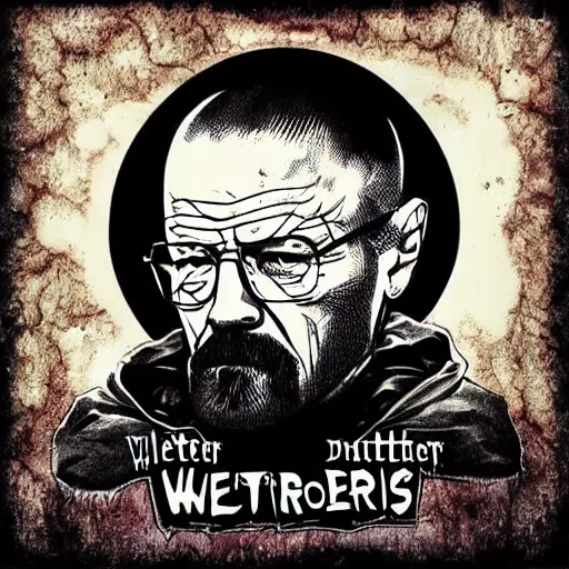 Prompt: walter white on a death metal album cover