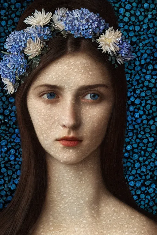 Prompt: hyperrealism close-up portrait of thousands dark flowers merged with with medieval female, night, blue palette, pale skin, wearing dark silk, in style of classicism