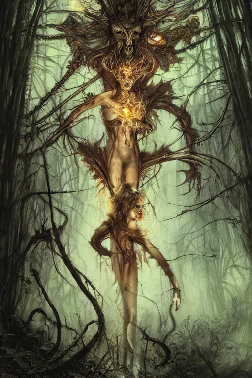 Image similar to life and death mixing in a corrupted forest, demonic faces, fireflies, hyperdetailed, 4 k, trending on artstation, dark and gloomy, demonic, cinematic, artgerm, h. r. giger, francis bacon, gustave moreau, luis royo