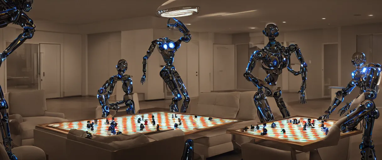 Image similar to a gorgeous highly detailed photo of two futuristic full - body humanoid robots with glowing led eyes sit on large midcentury recliners facing off in an intense game of checkers. cinematic movie photograph, cinematic lighting, arri alexa, extremely detailed, smooth, very very clean, 8 k, octane render, maya render, unreal engine, trending on artstation, dslr