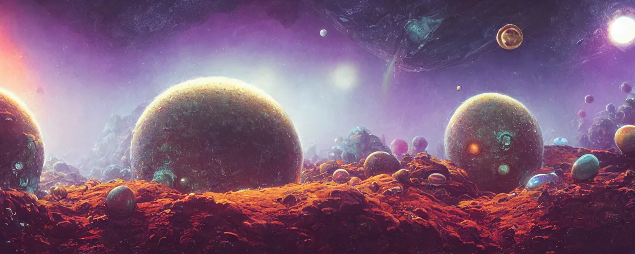 Prompt: ” outer planet with strange and mysterious eggs and larvae, [ art by paul lehr, cinematic, detailed, epic, widescreen, opening, establishing, mattepainting, photorealistic, realistic textures, octane render ] ”