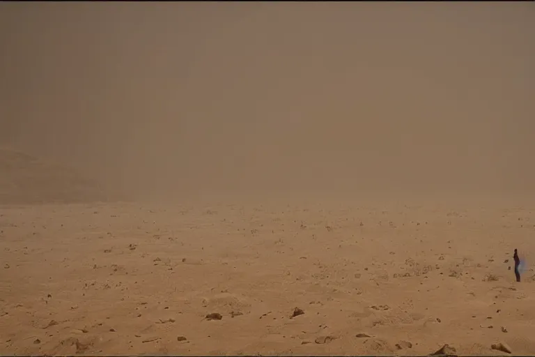 Prompt: inside a large open room with a tall ceiling, monolithic, open wall architecture, sand storm inside, high winds, concrete pillars, ancient sci - fi elements, on an alien planet, sun is blocked by dust, pale orange colors, cinematographic wide angle shot, directed by christopher nolan